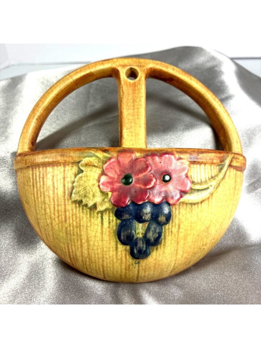 Antique Weller Pottery Wall Pocket Basket c1920s Floral - Picture 1 of 12